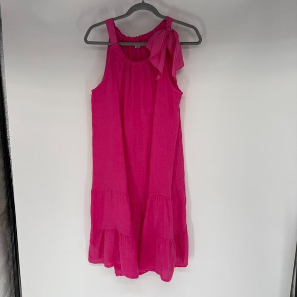 Bella Umbra Halter Sundress Size L Hot Pink Linen Sleeveless Tiered Bow Tie Neck - Picture 2 of 8